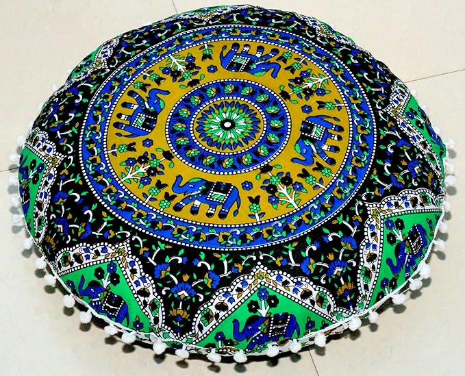Round Mandala Floor Pillow Cover Seating Cushion Throw Cover Ottoman Pouf Cover Pom Pom Pillow Cases Hippie Decorative Bohemian Boho Indian 22 Inches (Green Blue)