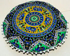 Round Mandala Floor Pillow Cover Seating Cushion Throw Cover Ottoman Pouf Cover Pom Pom Pillow Cases Hippie Decorative Bohemian Boho Indian 22 Inches (Green Blue)