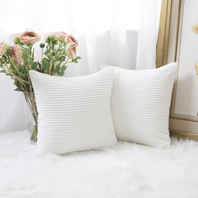 Home Brilliant 16x16 Throw Pillow Covers for Couch Striped Velvet Decorative Pillowcases for Chair Sofa Bench Toddler, 40x40 cm, Set of 2, Pure White