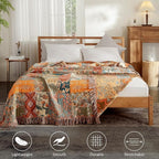 Boho Throw Blanket for Couch Sofa Bed, 100% Cotton Woven Quilt with Tassel 90”x98”, Super Soft Muslin Blanket with Floral Printed, Decorative Reversible Bed Blanket/Cover for All Seasons