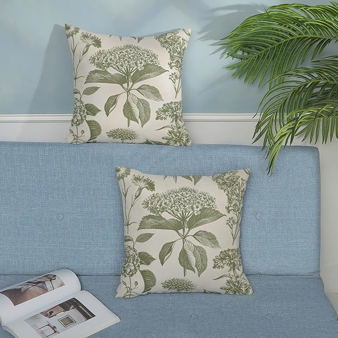 Sage Green Pillow Covers 24x24 Set of 2 Boho Floral Hydrangea Herbs Botanical Throw Pillow Cover Outdoor Decoration Pillow Cases Vintage Flower Linen Cushion Case Decorative for Couch Sofa