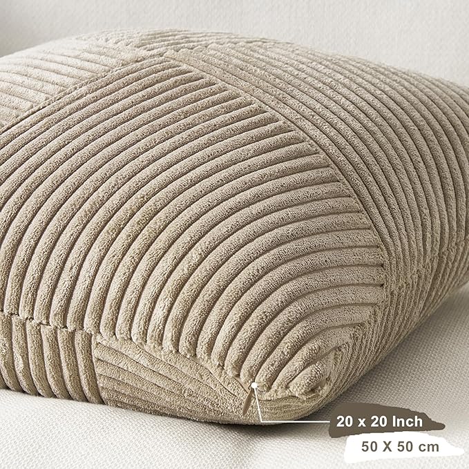 Topfinel Lightbrown Throw Pillow Covers 20x20 Inch Set of 2 Modern Farmhouse Home Decor Pillow Covers for Spring Sofa Living Room Couch Bed Soft Corduroy Textured Boho Striped Patchwork Cushion Cases