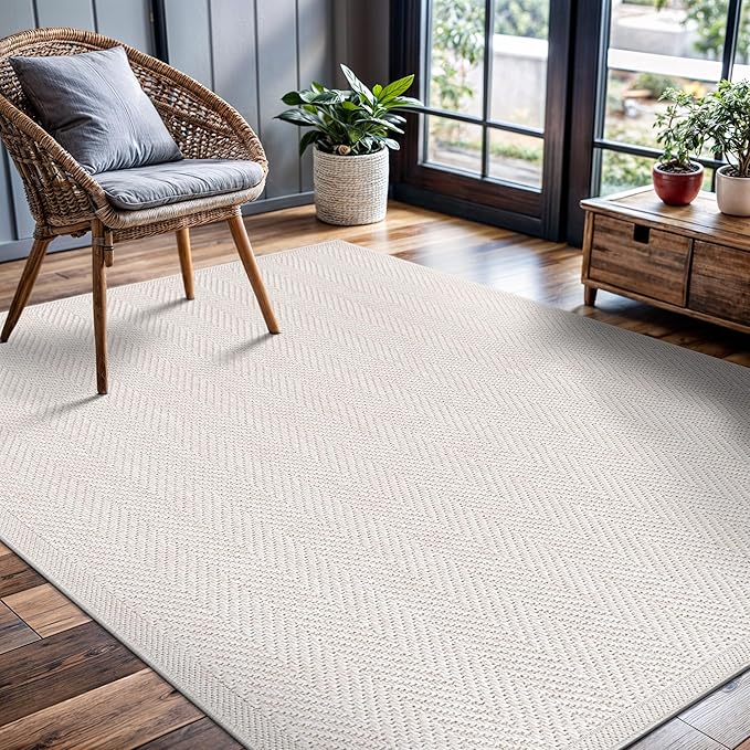 CAMILSON Easy Jute Rug 6x9, Indoor Outdoor Off-White Color Fiber Area Rugs for Living Room Patio and Bedroom Rug Herringbone Seagrass Woven Design Easy-Cleaning, Washable Outside Carpet Alfombras 6x9