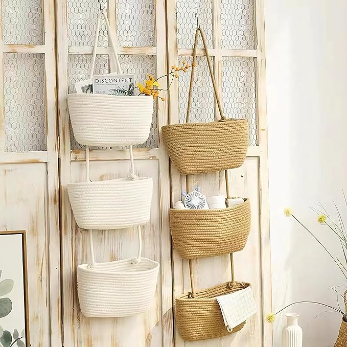 AARAINBOW Wall Hanging Cotton Baskets - Large 3 Tier Decorative Baskets for Wall, Nursery, Bathroom (B-Brown)