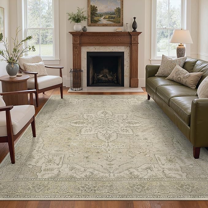 GENIMO 5X7 Washable Vintage Area Rugs for Living Room, Non-Slip Low Pile Chenille Print Rug, Soft Rugs for Bedroom Dining Room Home Office, Linen & Taupe