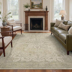GENIMO 8X10 Washable Vintage Area Rugs for Living Room, Non-Slip Low Pile Chenille Print Rug, Soft Rugs for Bedroom Dining Room Home Office, Linen & Taupe
