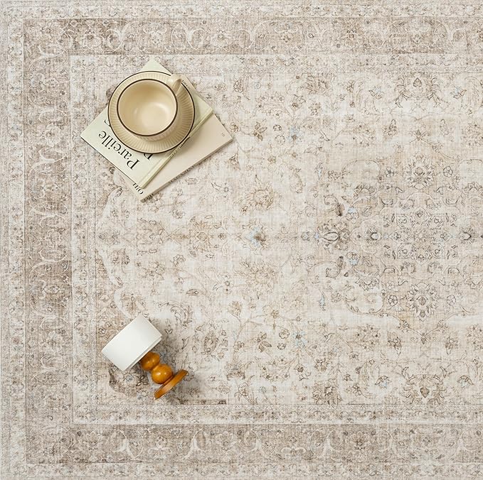 Beige Area Rug 8x10 for Living Room Washable Vintage Carpet Low Pile Non Slip Distressed Soft Traditional Retro Oriental Large Accent Throw Rug Office Bedroom Dining Room Playroom