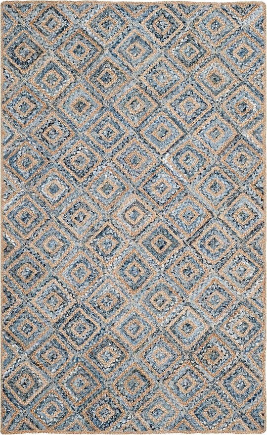SAFAVIEH Cape Cod Collection Area Rug - 5' x 8', Natural & Blue, Handmade Flat Weave Diamond Braided Jute & Denim, Ideal for High Traffic Areas in Living Room, Bedroom (CAP354A)