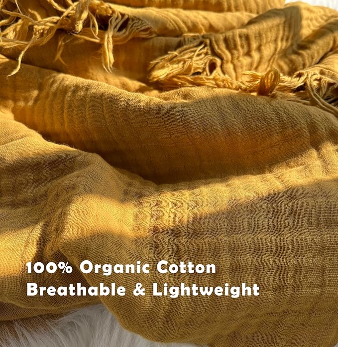 KyraHome 100% Organic Cotton Throw Blanket for Couch, 60"x80" Large Muslin Blankets for Adult, Couch, Plant Dyed Pre-Washed Breathable Gauze Warm, Fall Cotton Blankets, All Season (Mustard Yellow)