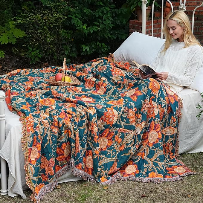 Boho Throw Blanket 60"x80" 100% Cotton Twin Bird Blanket, Breathable Lightweight Spring Decorative Reversible Blankets with Fringe for Couch Vintage Decor