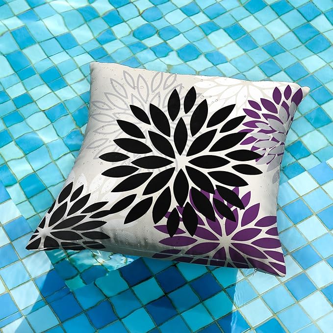 DFXSZ Black Purple Flower Pillow Covers 18x18 Inch Set of 2 Outdoor Throw Pillows Outdoor Waterproof Decor for Living Room Sofa Patio Funiture Garden Floral Polyester Pillow Covers 002Q18