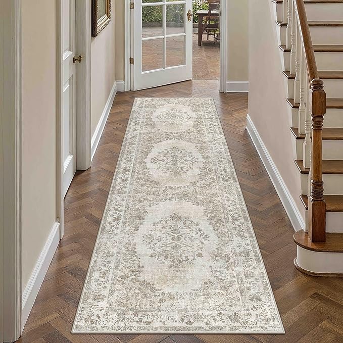 2x7 Runner Rug Beige Washable Hallway Kitchen Bedroom Vintage Distressed Bathroom Non Slip Medallion Floral Carpet Indoor Retro Throw Floor Mat for Office Dining Laundry Living Room