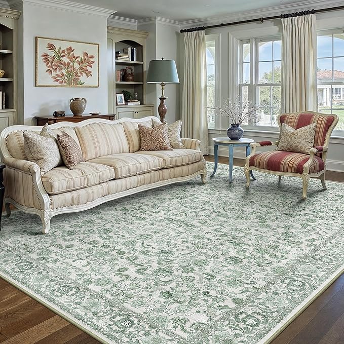 HUGEAR Green Area Rug 6x9 Machine Washable Living Room Rugs Distressed Neutral Vintage Floral Low Pile Carpet Bedroom Office Dining Room Laundry Room Non Slip Soft Lightweight