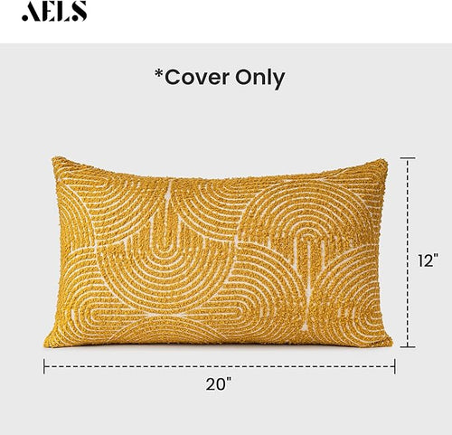 AELS Boho Decorative Textured Throw Pillow Covers 12x20, Organic Modern Mid Century Rainbow Tufted Pillow Case, Farmhouse Rustic Geometric Woven Cushion Case for Bed Couch Sofa, Mustard Yellow