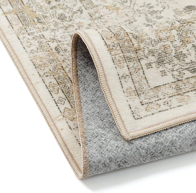 Hallway Runner Rug 2x8 Washable Beige Vintage Distressed Long Runner Oriental Soft Thin Indoor Carpet Non Slip Low Pile Throw Rug for Kitchen Bedroom Laundry Bedside Entryway