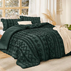 Bedsure Tufted Boho Comforter Set Queen Size - Dark Green Boho Bed Set, GentleSoft™ 3 Pieces Farmhouse Shabby Chic Embroidery Bedding, Gifts for Woman, Soft Jacquard Queen Comforter for All Seasons