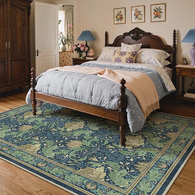 Bavni 8x10 Area Rugs, Floral Machine Washable Rugs for Living Room, Dinning Room, Bedroom, Non Slip Aesthetic Vintage Low Pile Durable Lightweight Farmhouse Rug, Tea Green/Blue