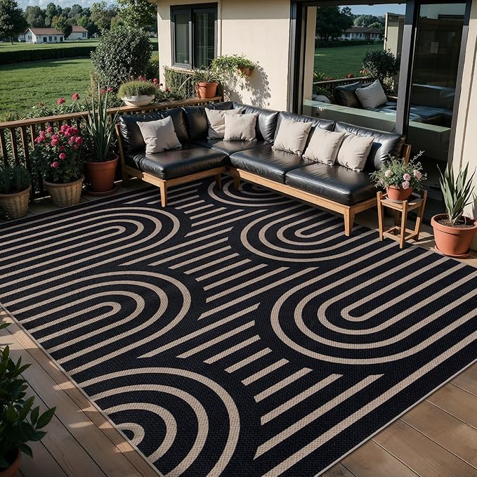 Tangsoo Modern Easy Jute Rug 5x7 Large Washable Area Rugs for Dining Room Table,Non-Slip Thin Black Indoor Outdoor Rug,Farmhouse Natural Throw Mat for Living Room Backyard Patio Office Home Decor