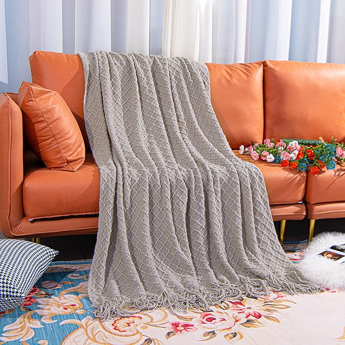 NTBAY Acrylic Knitted Throw Blanket, Lightweight and Soft Cozy Decorative Woven Blanket with Tassels for Travel, Couch, Bed, Sofa, 51x67 Inches, Taupe Checkered