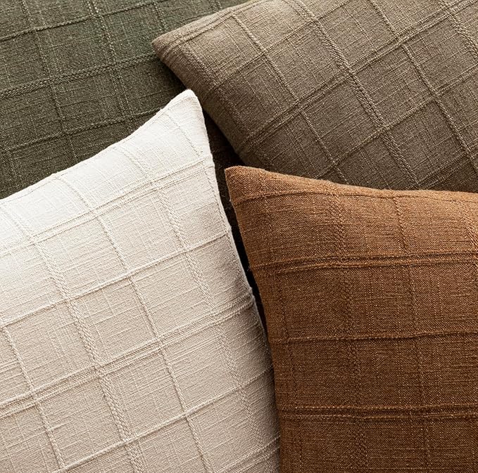 Foindtower Set of 2 Decorative Linen Check Throw Pillow Covers Neutral Farmhouse Lumbar Cushion Covers Modern Boho Home Decor for Sofa Chair Couch Bedroom Living Room,12×24 Inch,Light Brown