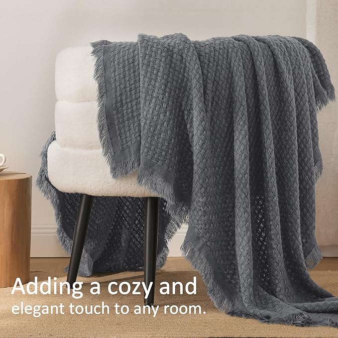 Exclusivo Mezcla Knit Throw Blanket with Fringes for Couch, Reversible Super Soft and Warm Woven Boho Throw for All Season, Home Decor, 50"x60", Dark Grey