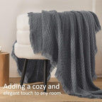 Exclusivo Mezcla Knit Throw Blanket with Fringes for Couch, Reversible Super Soft and Warm Woven Boho Throw for All Season, Home Decor, 50"x60", Dark Grey