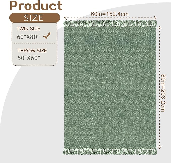 Chenille Throw Blanket for Couch with Tassels,60"X80" Soft Cozy Lightweight Knitted Boho Decorative Blankets for Bed and Sofa,Light Green