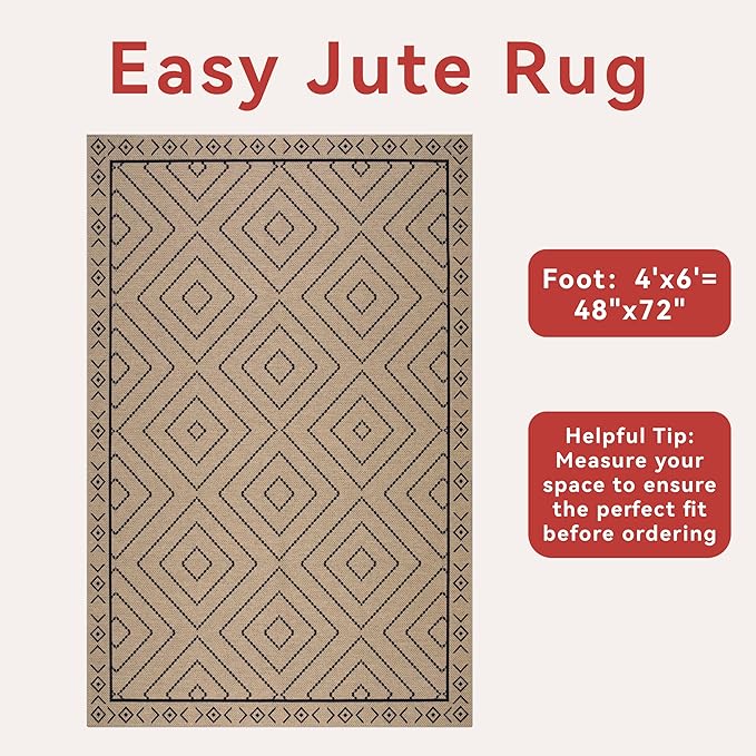 Tangsoo Modern Easy Jute 4x6 Outdoor Rug for Living Room,Ultra Thin Washable Area Rug,Geometric Indoor Carpet Farmhouse Non-Slip Throw Mat for Bedroom Dining Room Patio Front Porch