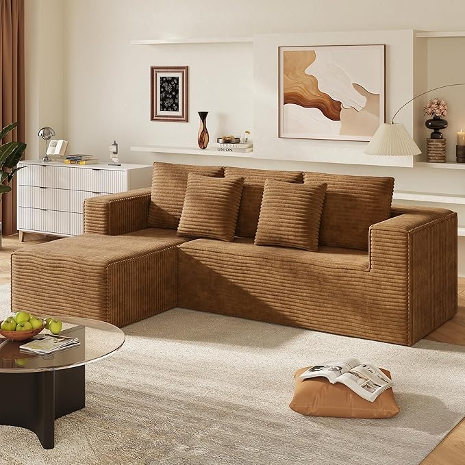 WLIVE 108'' Cloud Sectional Couches for Living Room, Modular Boneless Couch with Right Facing Chaise, L Shape Memory Foam Corduroy, with Cushion, Brown