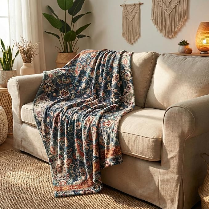 Horaldaily Boho Bohemia Style Blanket Throw, Vintage Country Rustic Farmhouse Soft Fuzzy Plush Faux Fur Cozy Blankets for Couch Sofa Bed Lounging, Ideal Gifts for Kids Adults Wife Self, 50x60