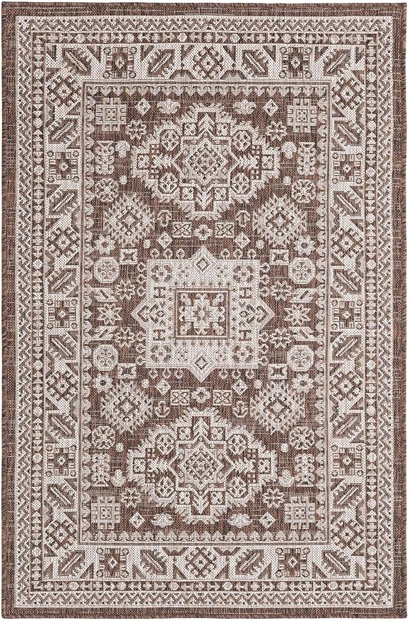 Rugs.com Outdoor Aztec Collection Rug – 3' x 5' Brown Flatweave Rug Perfect for Living Rooms, Large Dining Rooms, Open Floorplans