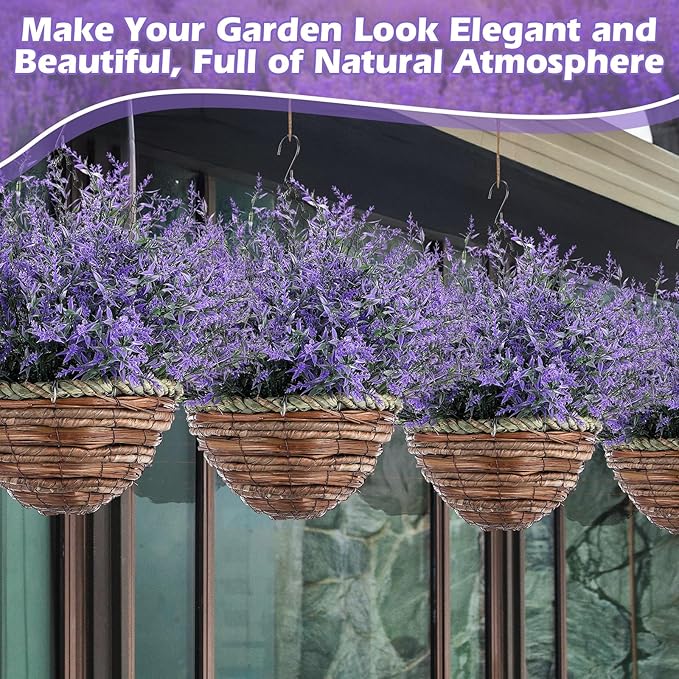 2 Sets Artificial Lavender Flowers with Hanging Basket for Outdoor Indoor Artificial Faux Hanging Flowers Plants Rattan Lining for Porch Garden Yard Spring Summer Decor (Purple)