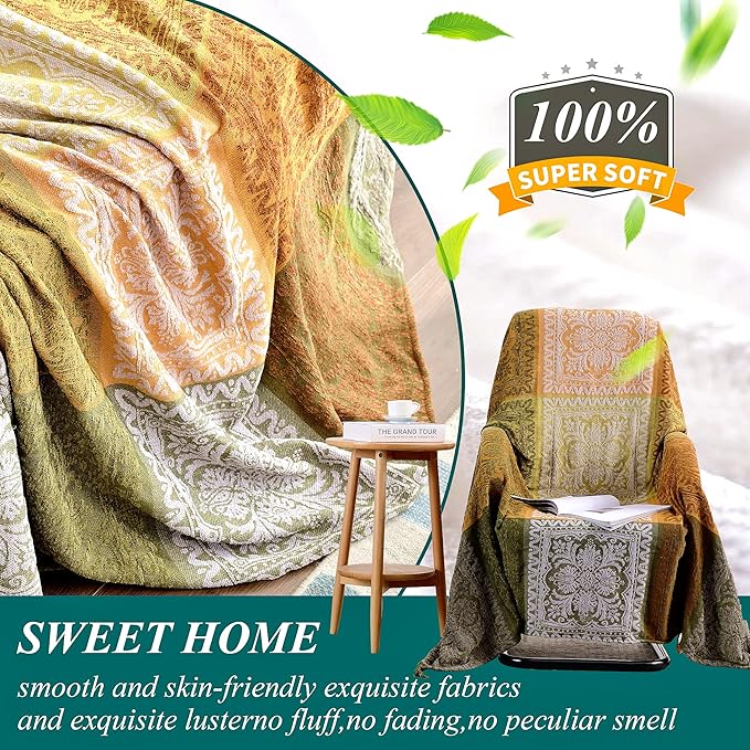 Boho Throw Blanket, Bohemian Tassels Throw Blankets for Bed Couch Soft Chair， Chenille Fringe Tassels (New Green, Large 86 * 102Inches)