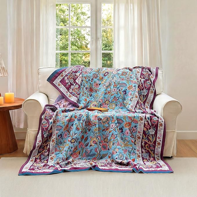 Boho Throw Blanket - 100% Cotton Ultra Soft Muslin Blanket, 50"x60" Lightweight Framhouse Bedding Spring Blanket for Bed, All Season Blue and Purple Floral Bohemian Bedroom Home Decor Quilt