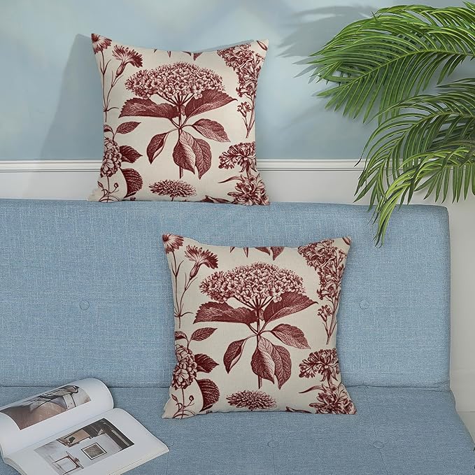 Burgundy Red Pillow Covers 18x18 Set of 2 Vintage Boho Floral Hydrangea Herbs Botanical Throw Pillows Outdoor Flower Decoration Pillowcase Linen Farmhouse Cushion Case Decor for Couch Sofa