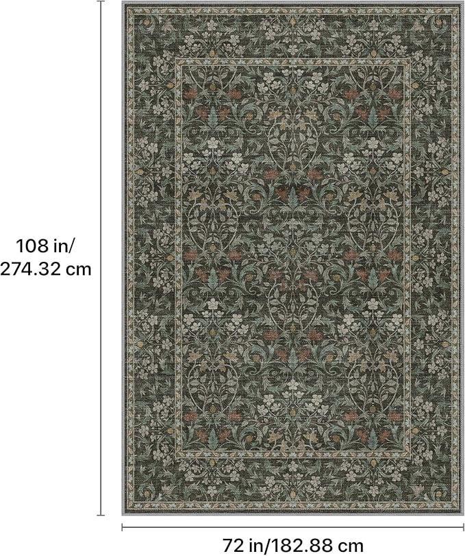 GENIMO 6x9 Washable Area Rug, Non-Slip Vintage Boho Floral Carpet, Soft Low-Pile Thin Living Room Rug for Bedroom, Dining Room, Nursery, Black