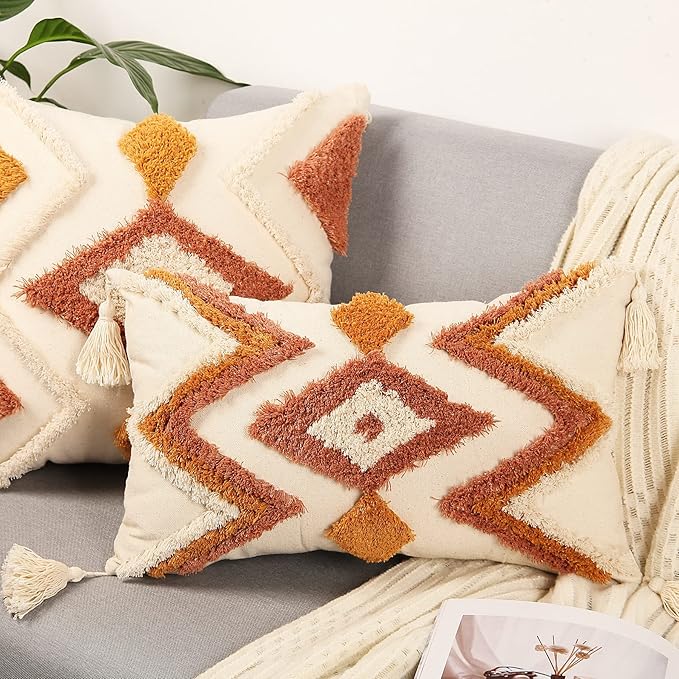 Merrycolor Boho Lumbar Throw Pillow Cover 12x20 inch,Bohemian Tufted Decorative Pillow Covers with Tassels for Couch Sofa Bedroom Living Room