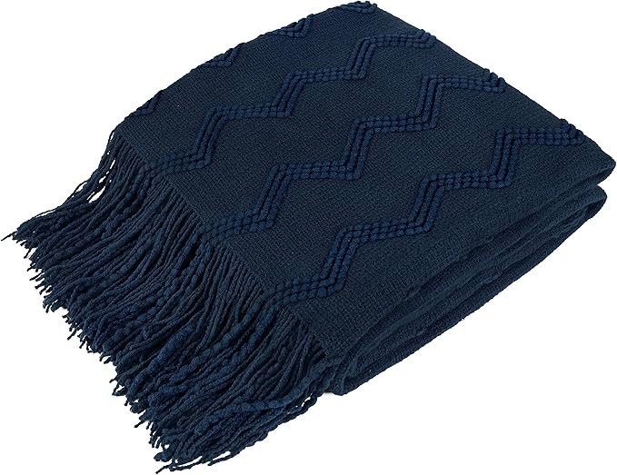 PAVILIA Navy Blue Knit Throw Blanket for Couch, Twin Bed, Soft Knitted Farmhouse Sofa Throw for Living Room, Lightweight Decorative Summer Blanket for Chair, Outdoor Textured Boho Blanket, 60x80