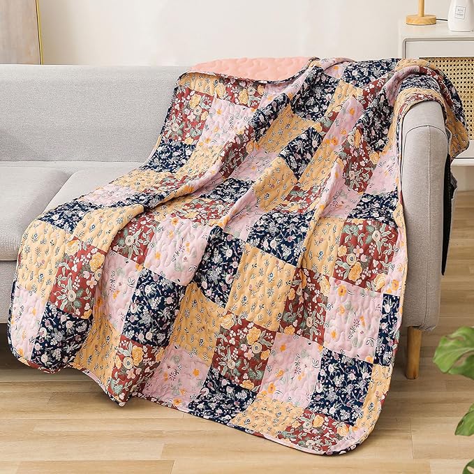Exclusivo Mezcla 50"x 60" Quilted Throw Blanket- Microfiber Quilt Throw with Boho Patchwork Pattern, Reversible Brown Versatile Lap Quilt for All Seasons, Lightweight Throws for Bed/Couch/Sofa
