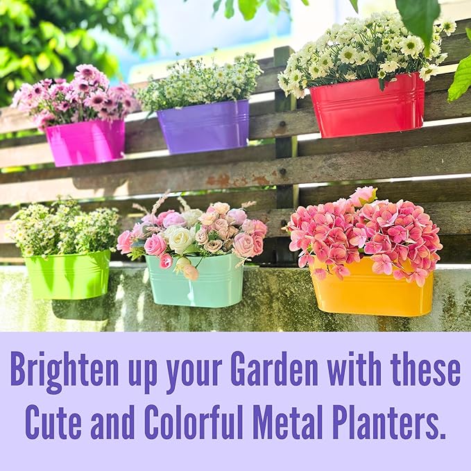 LaLaGreen Outdoor Hanging Planter (11.2 Inch, 6 Pack) Light Blue, Neon Pink, Dark Purple, Yellow, Red Metal Iron Window Box Flower Pot Deck Railings Fence Buckets Modern Boho Style Home Garden Decor