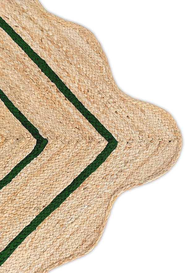 Wave Scalloped Natural Jute Rug Boho Entryway Runner Farmhouse Scallop, Green (2'x8')
