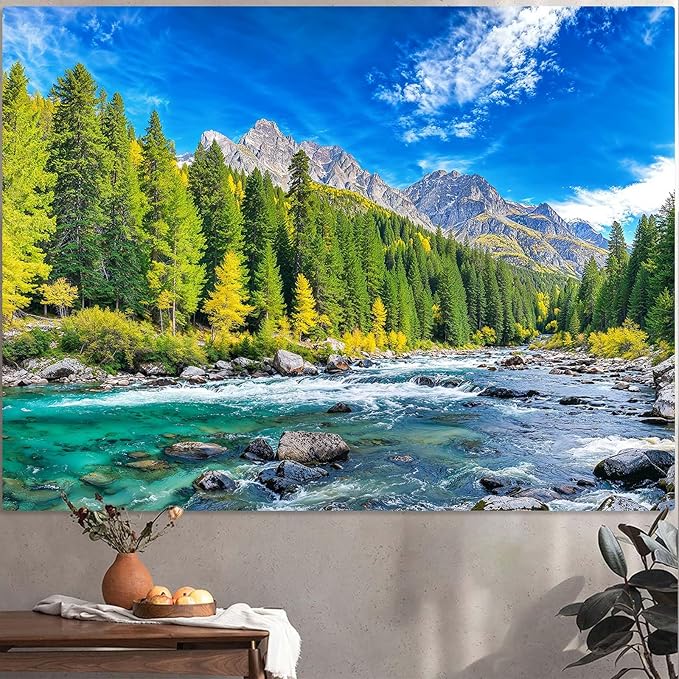 Accnicc Nature Forest Mountain Tapestry Green Pine Tree Wall Tapestry for Bedroom Aesthetic Woods Flowing River Landscape Small Tapestries Wall Hanging for Dorm Living Room Decor 60 x 44 Inch