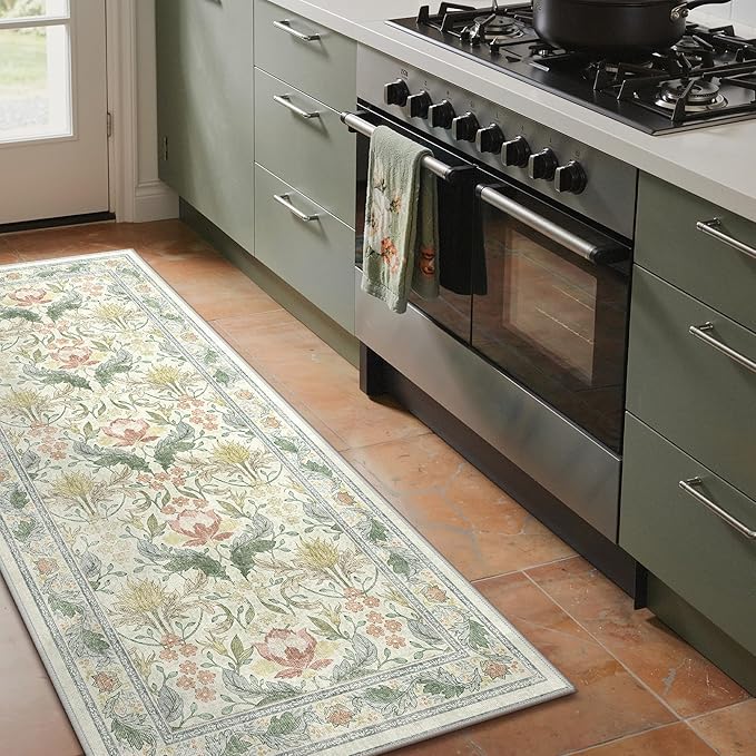 Bavni 2'6''x6 Runner Rug,Microfiber Washable Non-Slip Vintage Floral Rugs,Low Pile Lightweight Carpet for Bedroom,Hallway,Entryway,Kitchen,Bathroom, Beige&Green