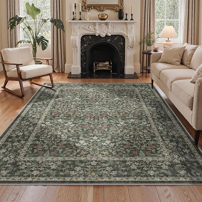GENIMO 5x7 Washable Area Rug, Non-Slip Vintage Boho Floral Carpet, Soft Low-Pile Thin Bedroom Rug for Living Room, Dining Room, Nursery, Black
