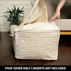 Chardin home Unstuffed Ottoman, Cozy & Bohemian Pouf Covers, Hand Crafted Casual Seating, Footrest, Square Floor Pillow for Home, Office, Bedroom, Living Room, 16.5" x 16.5"x 12.9", Beige-Off White