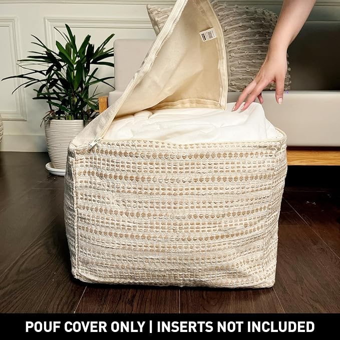 Chardin home Unstuffed Ottoman, Cozy & Bohemian Pouf Covers, Hand Crafted Casual Seating, Footrest, Square Floor Pillow for Home, Office, Bedroom, Living Room, 16.5" x 16.5"x 12.9", Beige-Off White