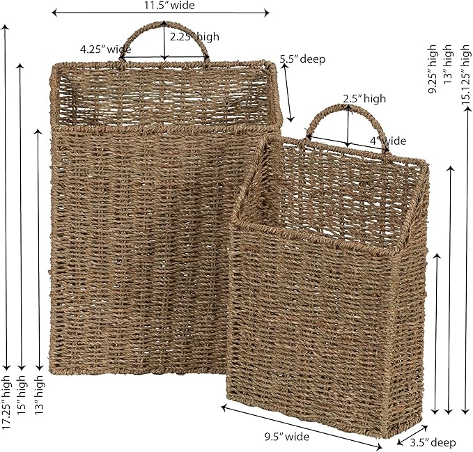 Rectangular Wicker Hanging Baskets, Set of 2, Small and Large, Handwoven Seagrass, Durable Metal Wire Frame, Multipurpose and Contemporary, Perfect for Organizing Newspapers, Mail and More, Natural
