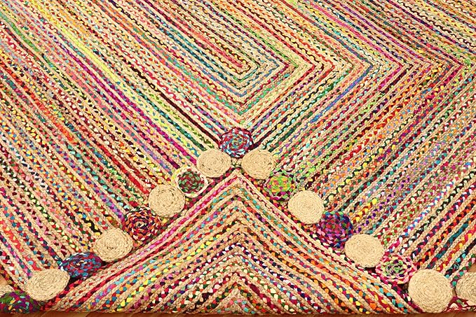 Square Area Rug - 3x3 Feet Multicolor Cape Code Chindi Cotton Jute Rug Geometric Kilim Rug Indoor Outdoor Use Carpet Flatweave Rugs for Bedroom Bedside Custom Mat Dining Table Mat