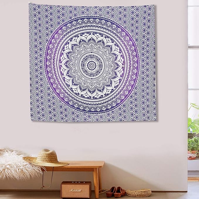 ANJANIYA Ombre Wall Hanging Bohemian Tapestry, Metallic Wall Art Bedspread, Psychedelic Hippie Mandala Dorm Décor for Hanging, Bedding, Beach Coverlet Curtain, Purple Blue, 54"X60"