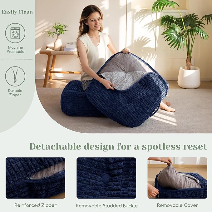 8" Washable Floor Pillow Cushion for Adults, Meditation Cushion Pillow, Removable Tufted Blended Corduroy Cover, Large Square Floor Sitting for Tatami Living Room or Yoga, 2Pack, Machine Washable